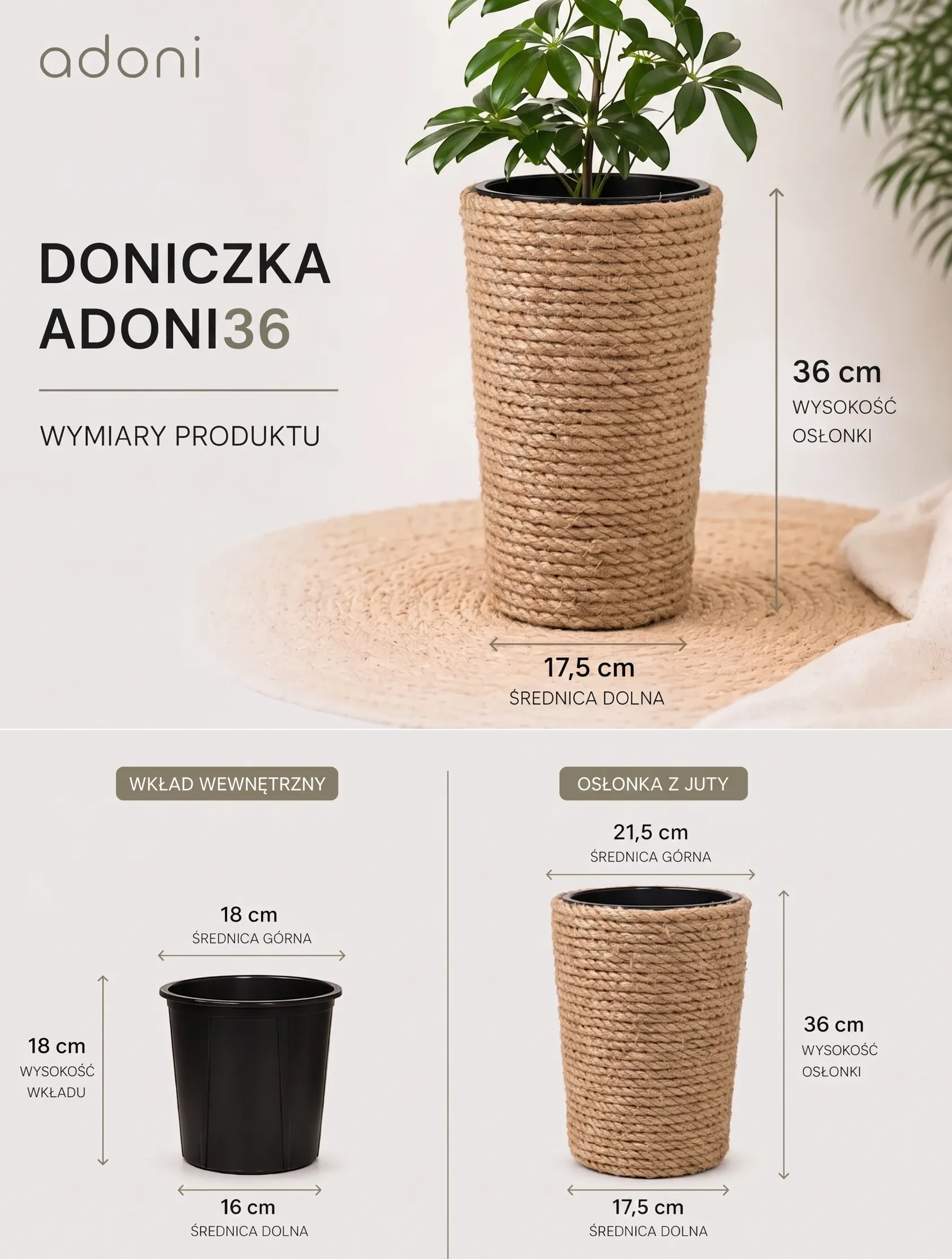 Doniczka jutowa boho z wkładem 36 cm - ręcznie robiona - obrazek 6