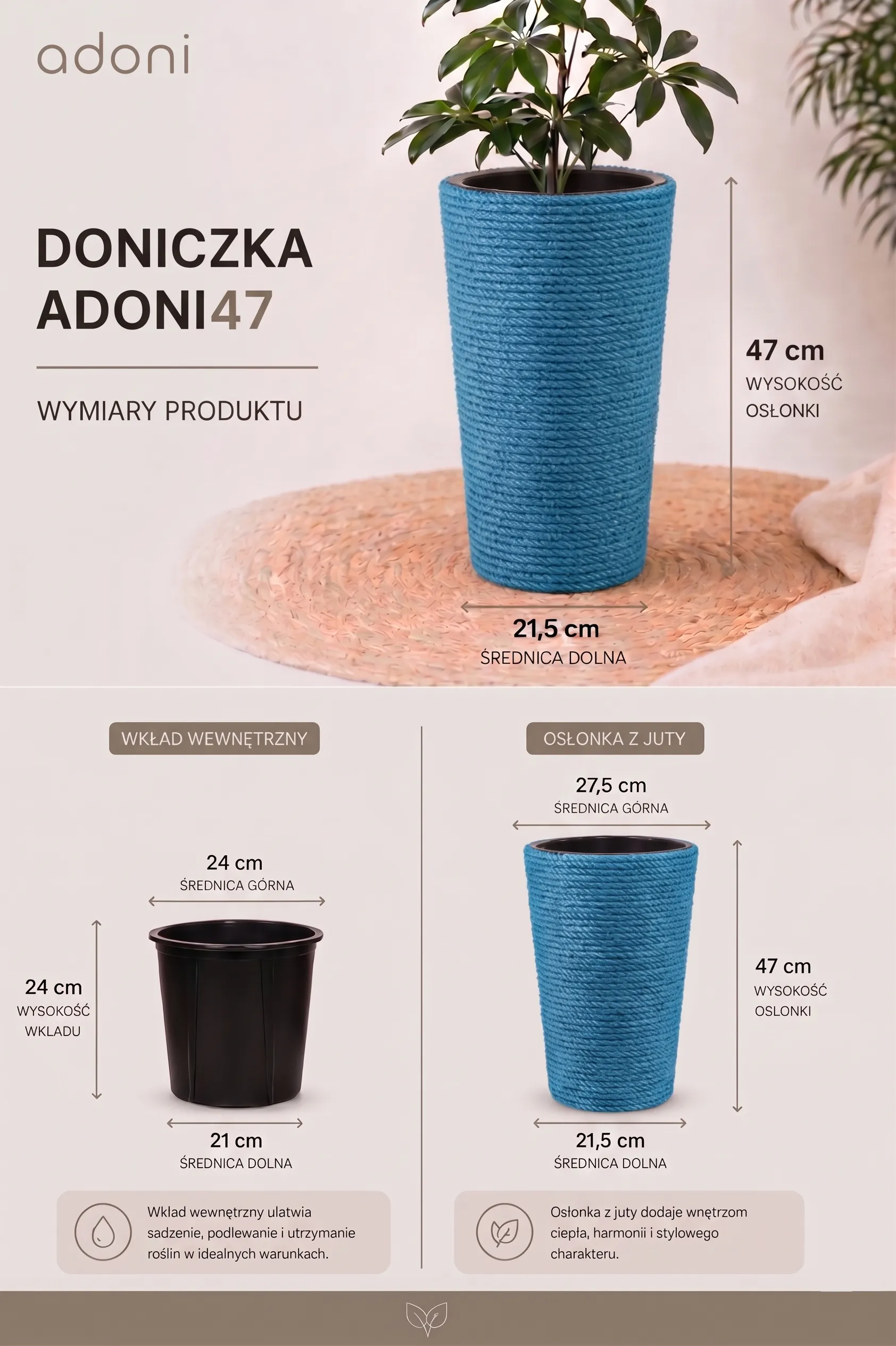 Wymiary doniczki jutowej niebieskiej adoni47