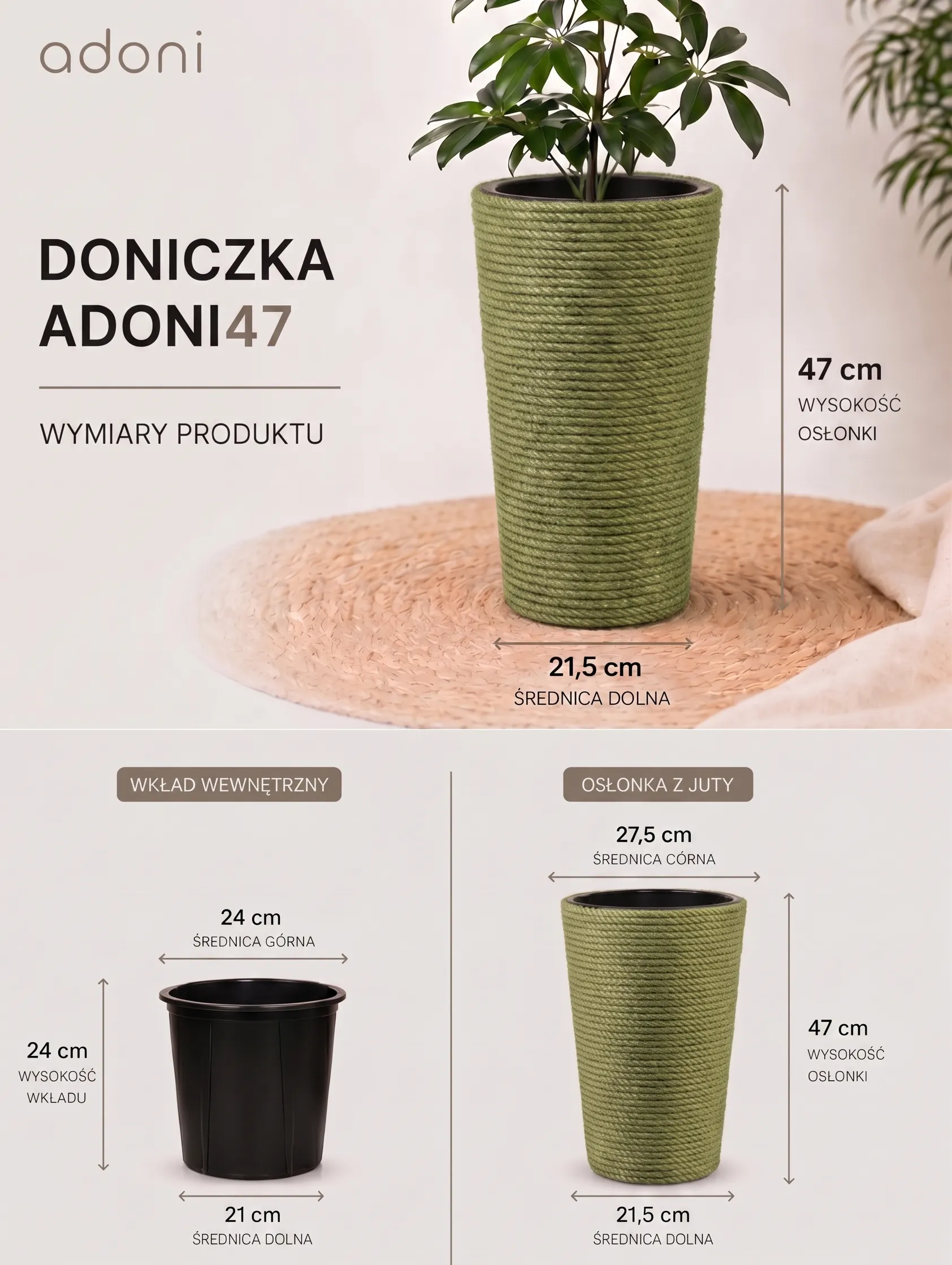 Doniczka jutowa zielona z wkładem 47 cm - ręcznie robiona - obrazek 6