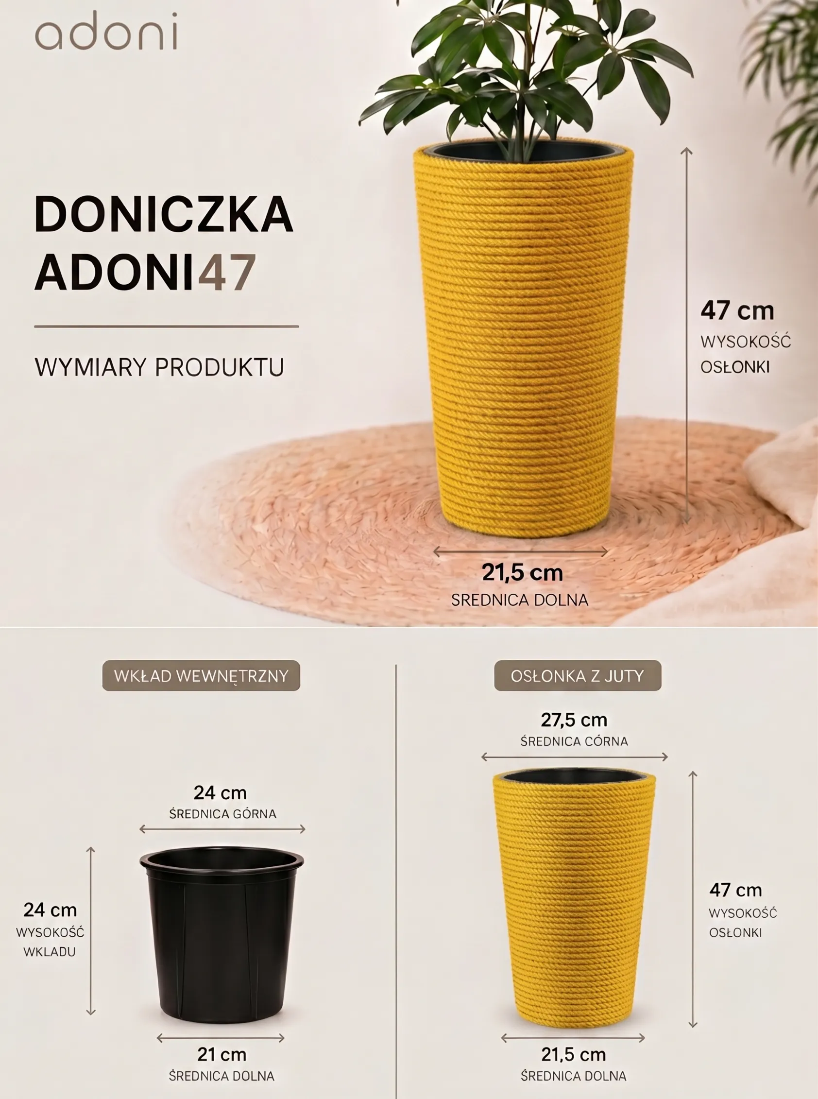 Doniczka jutowa żółta z wkładem 47 cm - ręcznie robiona - obrazek 6