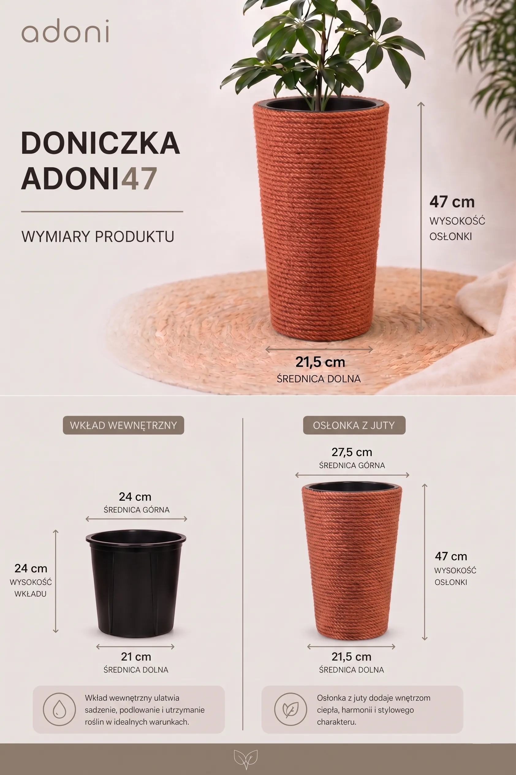 Doniczka jutowa czerwona z wkładem 47 cm - ręcznie robiona - obrazek 6