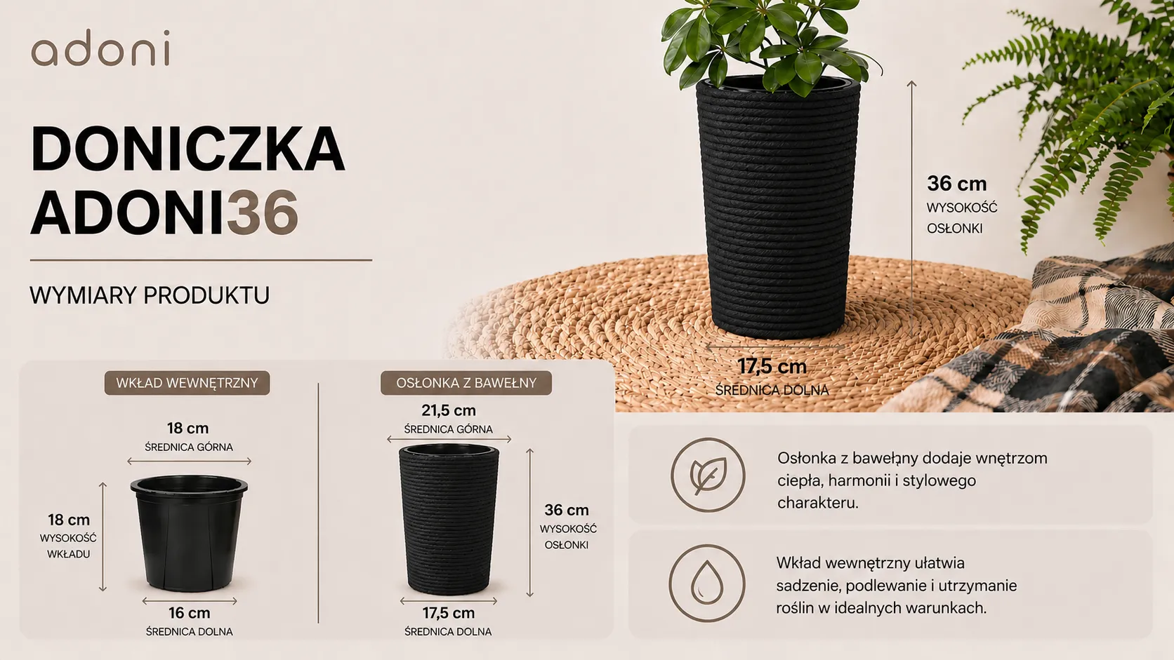doniczka z liny bawełnianej czarnej