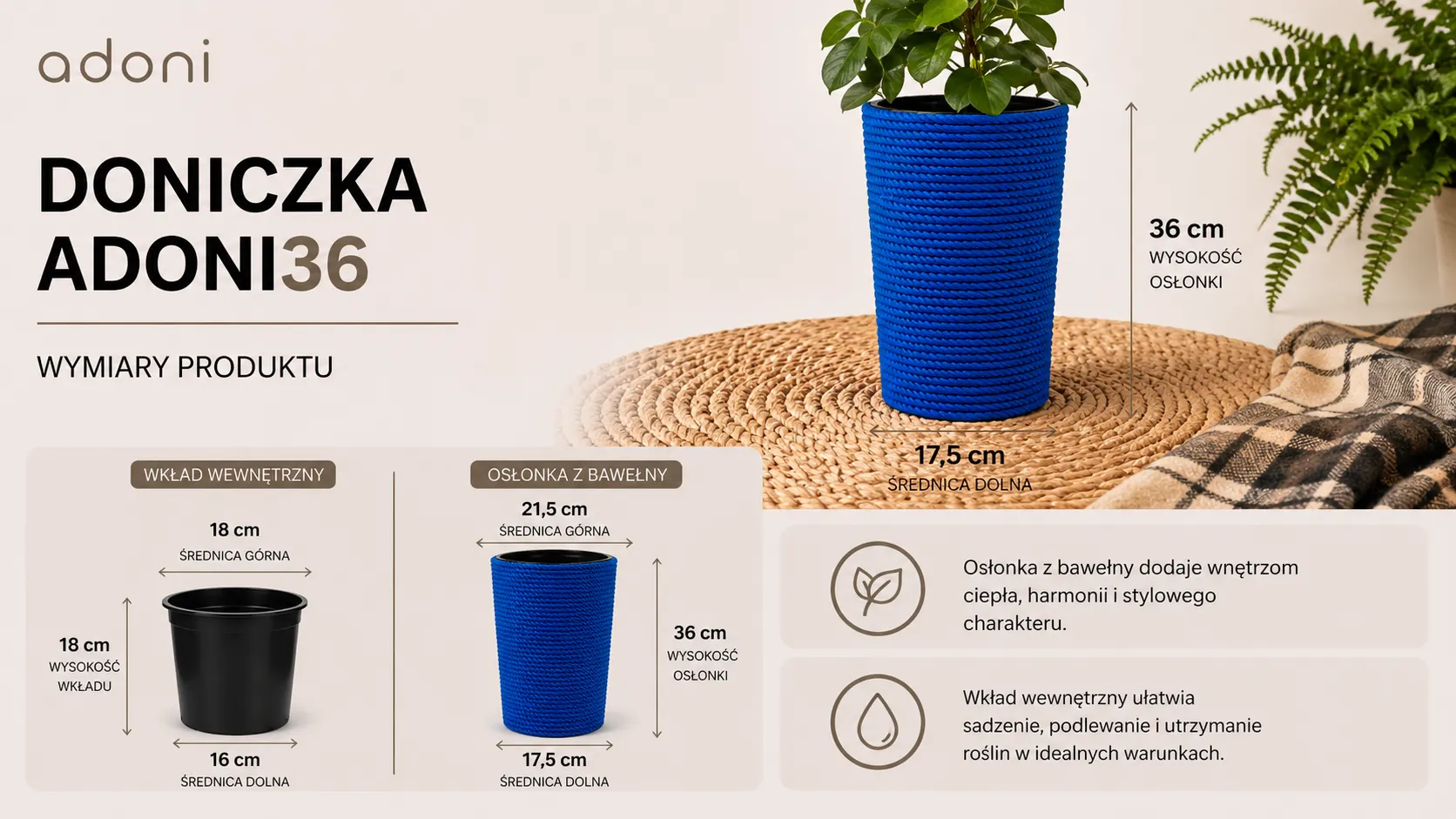 doniczka z liny bawełnianej niebieska