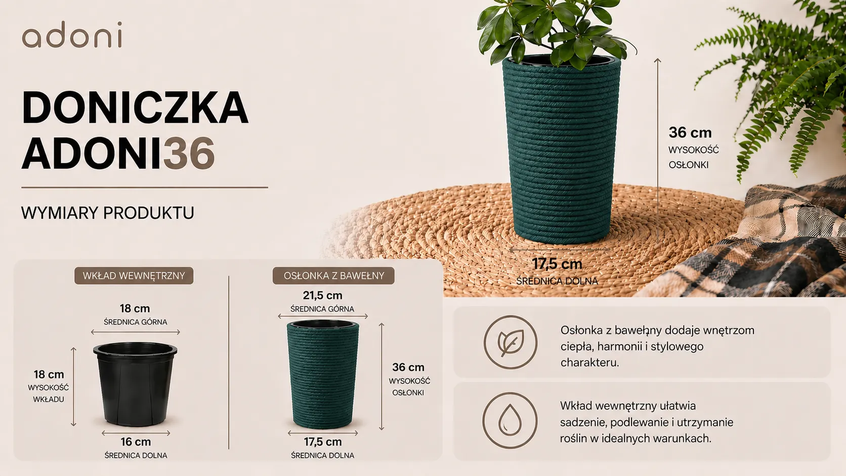 doniczka z liny bawełnianej zielonej