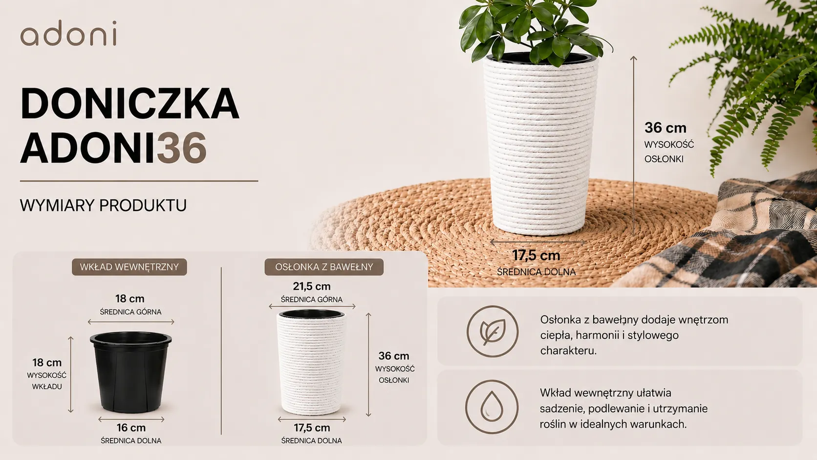 doniczka z liny bawełnianej biała